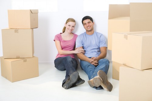 Packed office boxes and furniture prepared for a business move